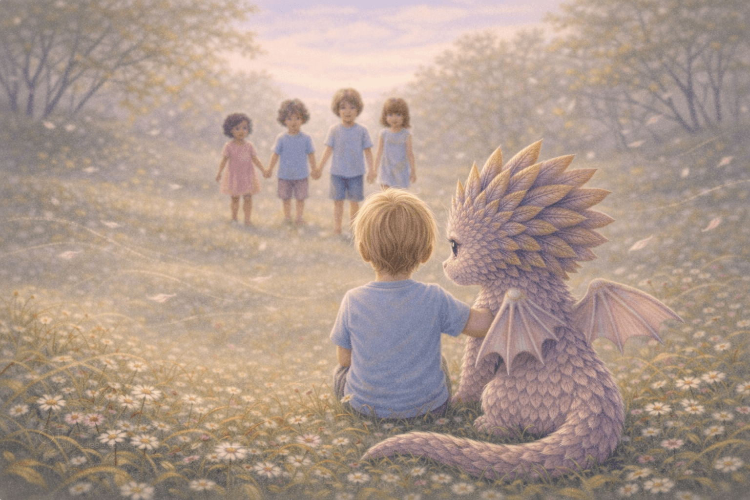 Kindlyn sitting with a child looking towards friends