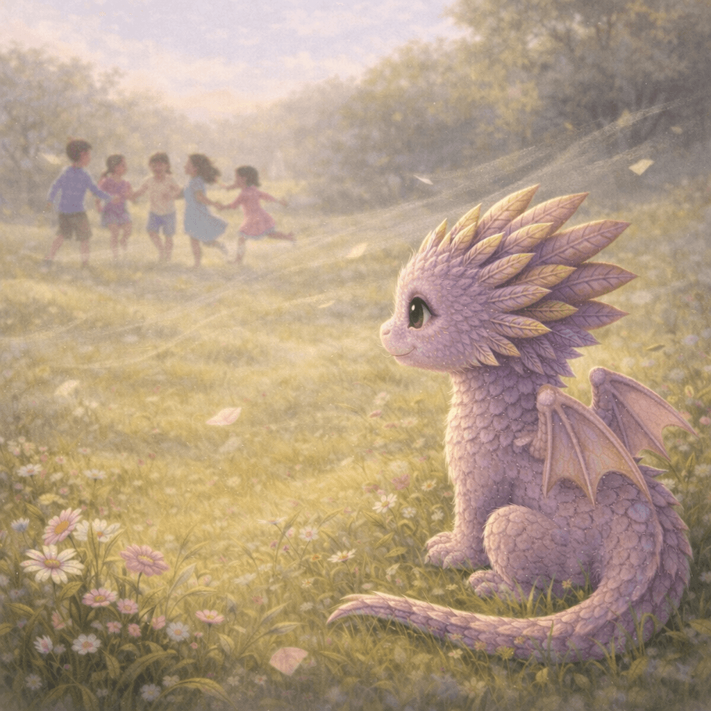 Kindlyn watching children dance in a flower meadow