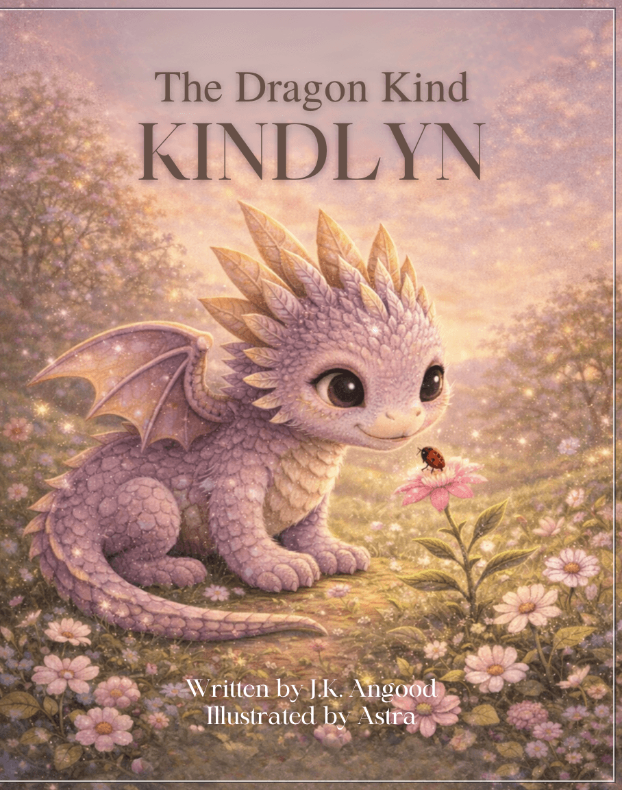 The Dragon Kind: Kindlyn book cover - a lavender dragon in a flower meadow